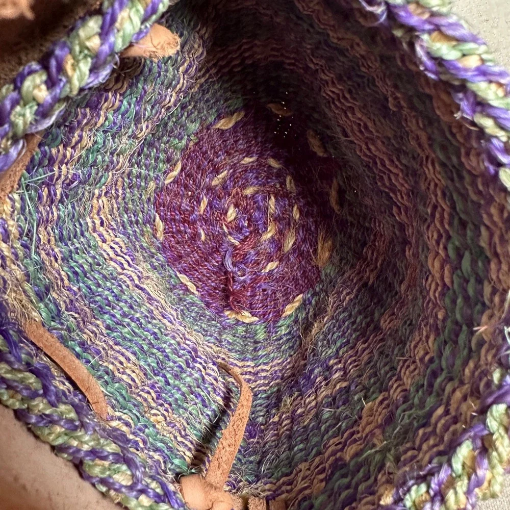 Vintage‎ Handwoven Sisal Leather Flap Crossbody Bag Purple Green Boho Festival